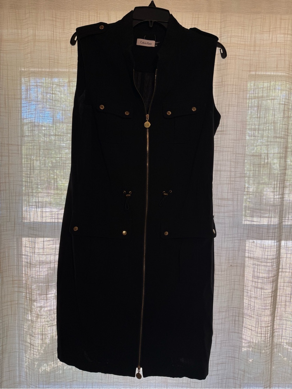 Calvin Klein Black Sleeveless Midi Utility Dress with Gold Hardware